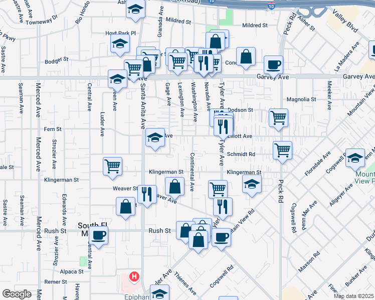 map of restaurants, bars, coffee shops, grocery stores, and more near 2502 Continental Avenue in El Monte