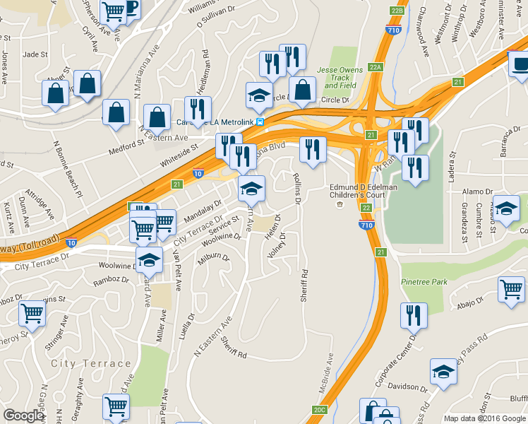 map of restaurants, bars, coffee shops, grocery stores, and more near in East Los Angeles