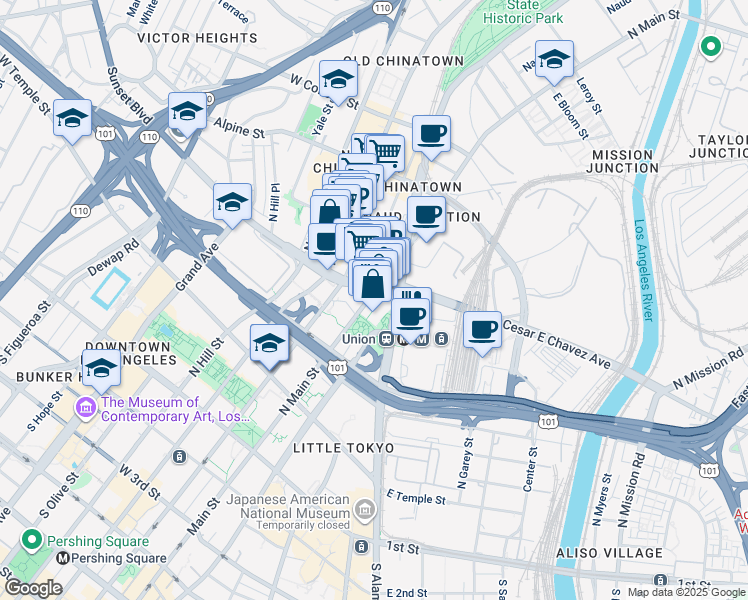 map of restaurants, bars, coffee shops, grocery stores, and more near 23 Olvera Street in Los Angeles
