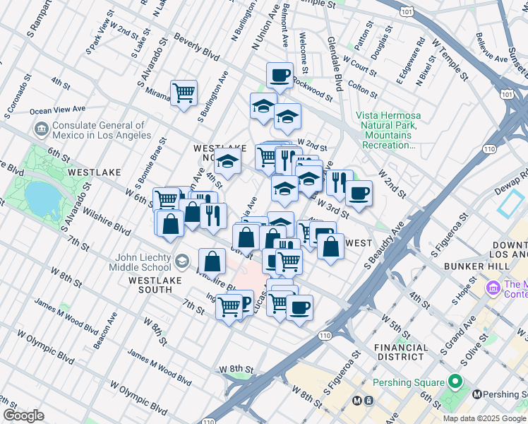 map of restaurants, bars, coffee shops, grocery stores, and more near 417 Witmer Street in Los Angeles