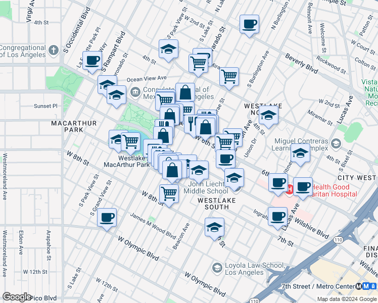 map of restaurants, bars, coffee shops, grocery stores, and more near 631 South Bonnie Brae Street in Los Angeles