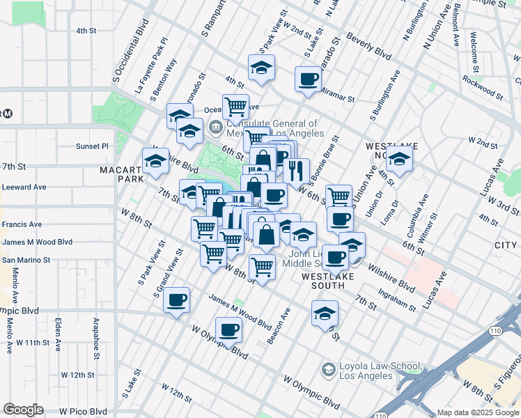 map of restaurants, bars, coffee shops, grocery stores, and more near 2007 Wilshire Boulevard in Los Angeles