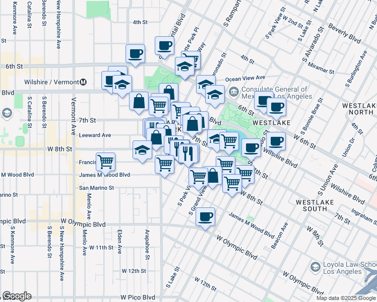 map of restaurants, bars, coffee shops, grocery stores, and more near 746 South Coronado Street in Los Angeles
