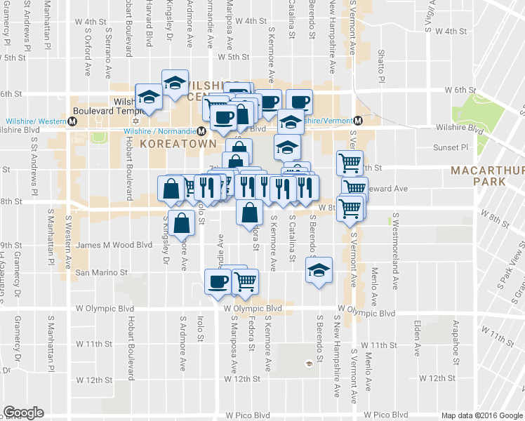 map of restaurants, bars, coffee shops, grocery stores, and more near 3188 West 8th Street in Los Angeles
