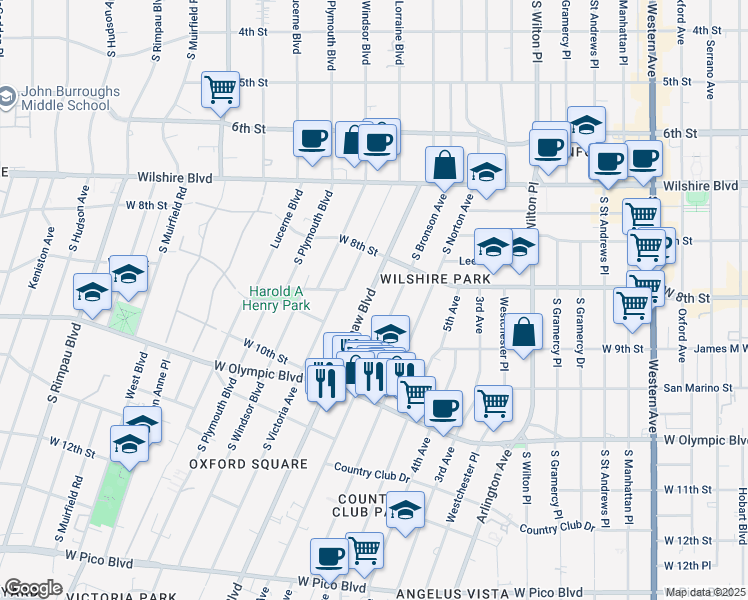 map of restaurants, bars, coffee shops, grocery stores, and more near 856 Crenshaw Boulevard in Los Angeles