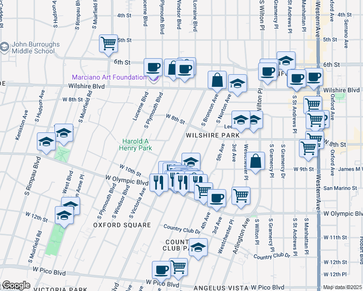 map of restaurants, bars, coffee shops, grocery stores, and more near 856 Crenshaw Boulevard in Los Angeles