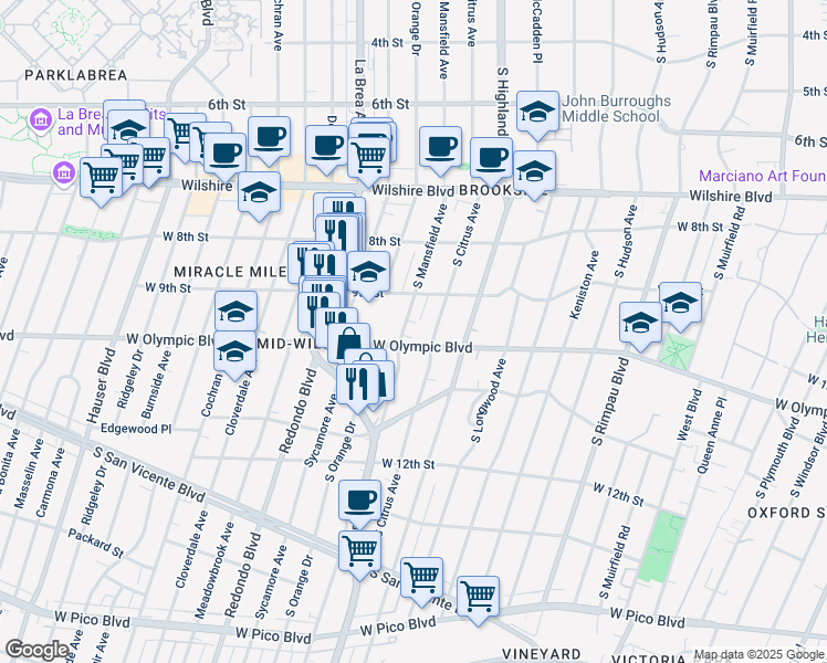 map of restaurants, bars, coffee shops, grocery stores, and more near 958 South Mansfield Avenue in Los Angeles