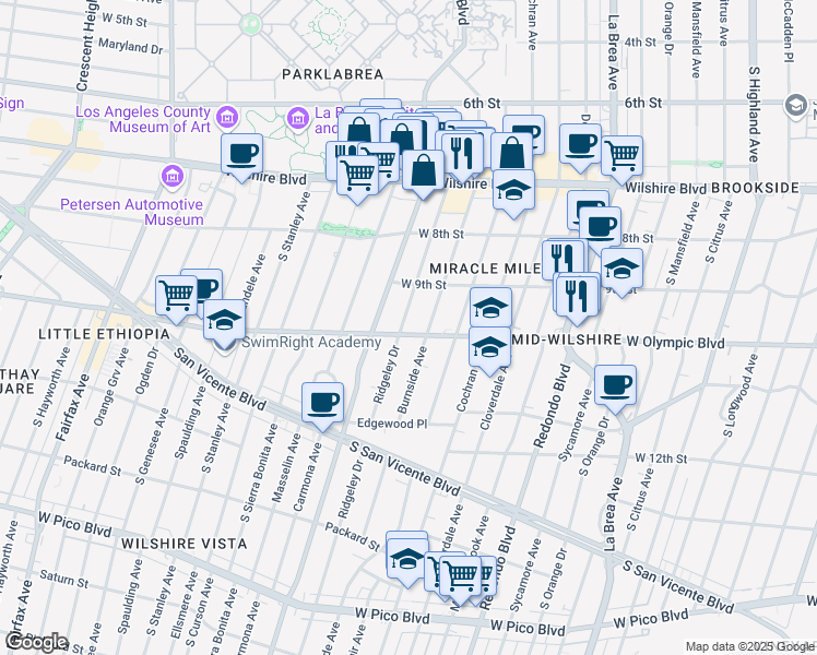 map of restaurants, bars, coffee shops, grocery stores, and more near 5601 West Olympic Boulevard in Los Angeles