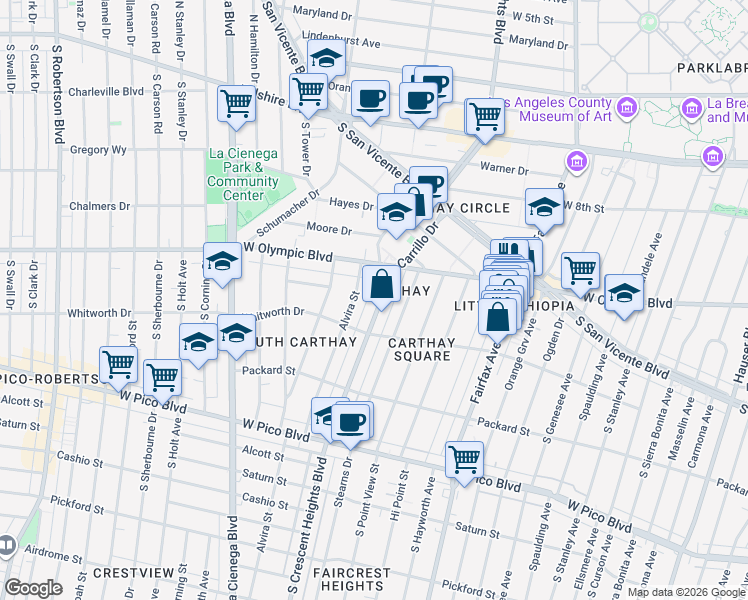map of restaurants, bars, coffee shops, grocery stores, and more near 1042 South Crescent Heights Boulevard in Los Angeles
