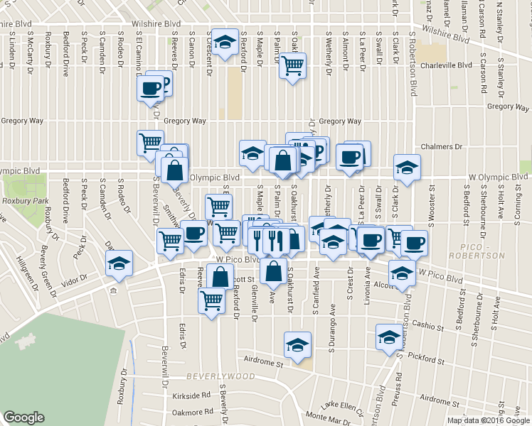 map of restaurants, bars, coffee shops, grocery stores, and more near 461 1/2 South Palm Drive in Beverly Hills