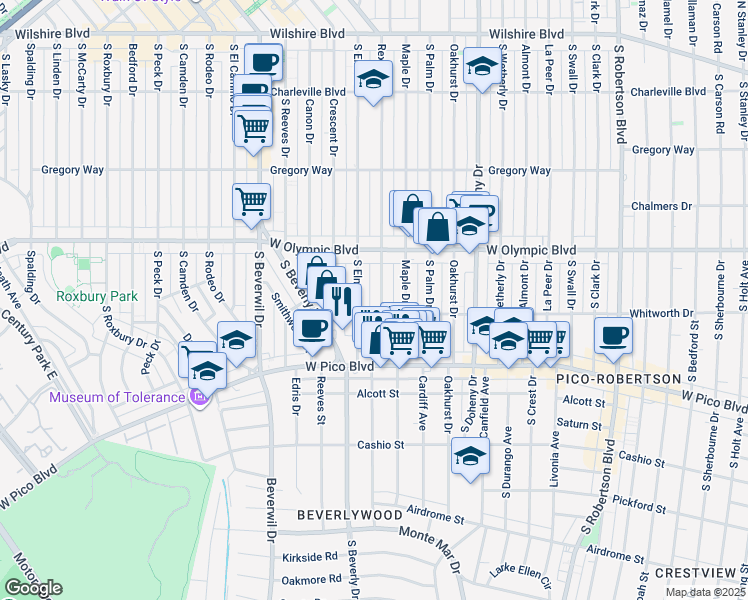 map of restaurants, bars, coffee shops, grocery stores, and more near 454 South Rexford Drive in Beverly Hills