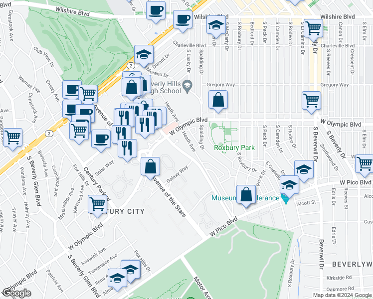 map of restaurants, bars, coffee shops, grocery stores, and more near 2170 Century Park East in Los Angeles