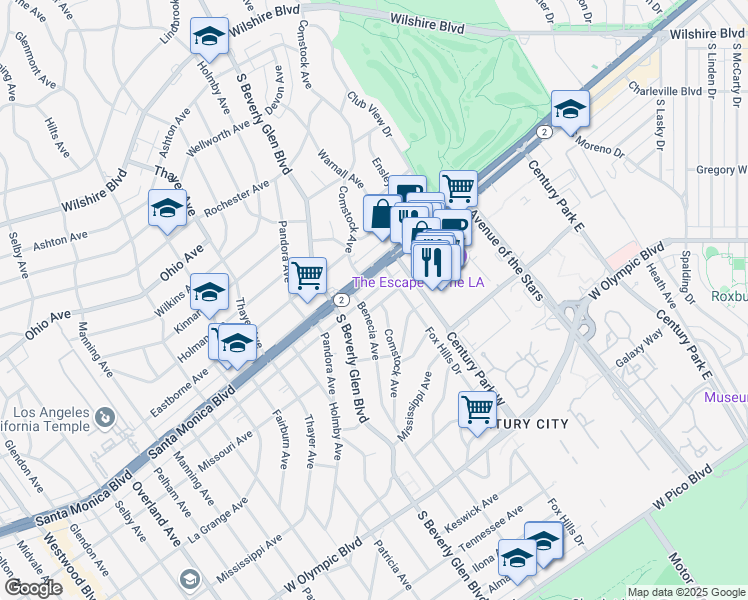 map of restaurants, bars, coffee shops, grocery stores, and more near 10335 Missouri Avenue in Los Angeles