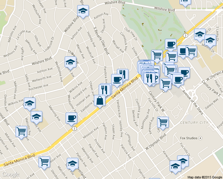 map of restaurants, bars, coffee shops, grocery stores, and more near 10417 California 2 in Los Angeles