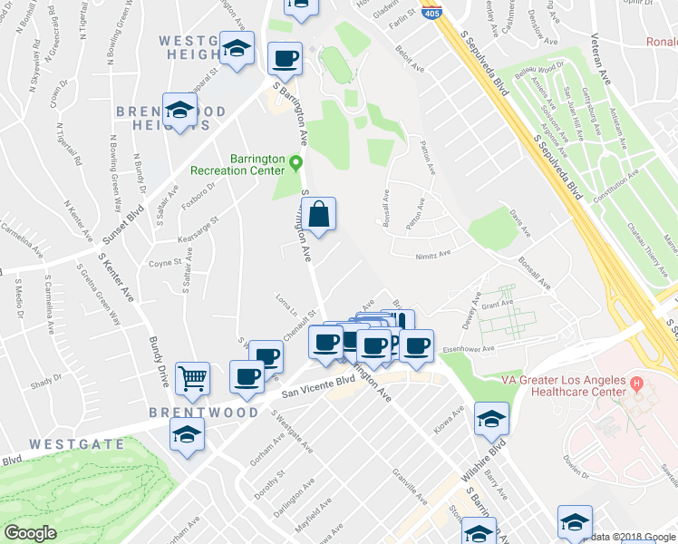 map of restaurants, bars, coffee shops, grocery stores, and more near 11645 Chenault Street in Los Angeles