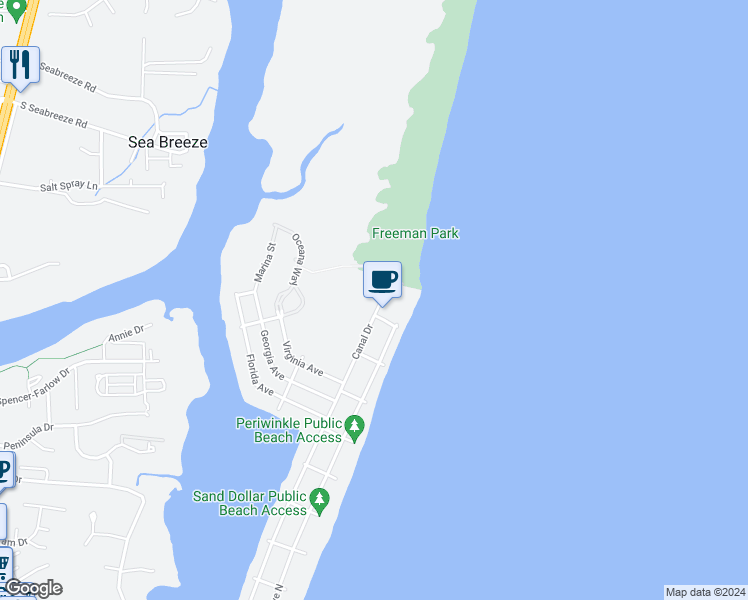 map of restaurants, bars, coffee shops, grocery stores, and more near 1801 Canal Drive in Carolina Beach