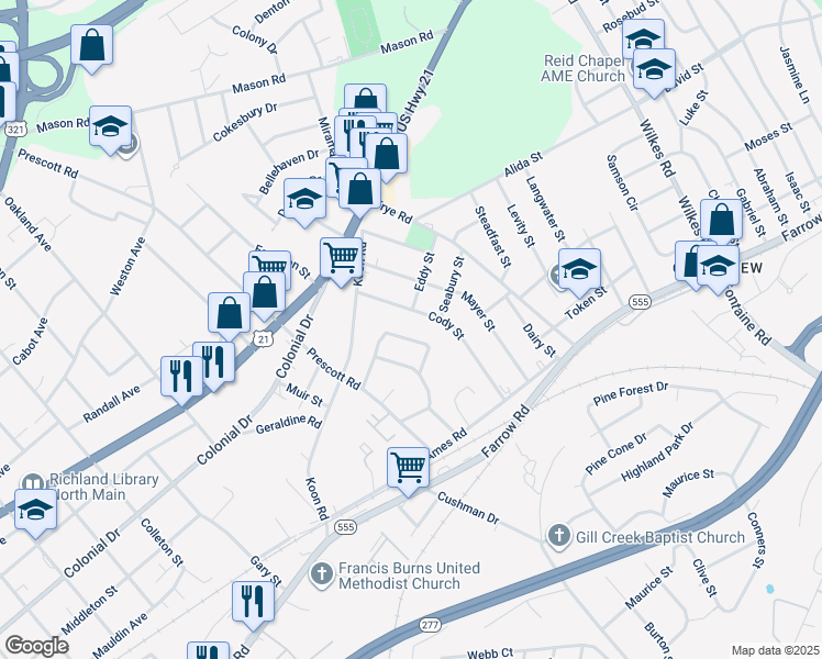 map of restaurants, bars, coffee shops, grocery stores, and more near 1612 Carousel Circle in Columbia