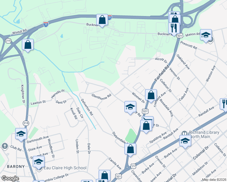 map of restaurants, bars, coffee shops, grocery stores, and more near 704 Amberley Road in Columbia
