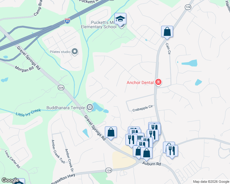 map of restaurants, bars, coffee shops, grocery stores, and more near 2750 Matlin Way in Buford