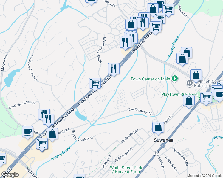 map of restaurants, bars, coffee shops, grocery stores, and more near 730 Peachtree Rd in Suwanee