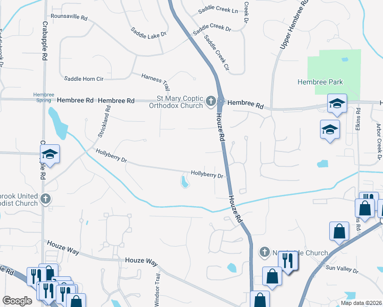 map of restaurants, bars, coffee shops, grocery stores, and more near 400 Hollyberry Drive in Roswell