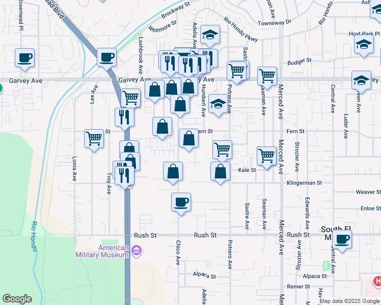 map of restaurants, bars, coffee shops, grocery stores, and more near 2509 Adelia Avenue in South El Monte