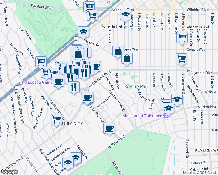 map of restaurants, bars, coffee shops, grocery stores, and more near West Century Drive in Los Angeles