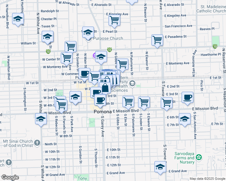 map of restaurants, bars, coffee shops, grocery stores, and more near 224 East 2nd Street in Pomona