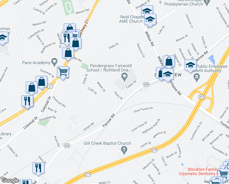 map of restaurants, bars, coffee shops, grocery stores, and more near 1719 Dairy Street in Columbia
