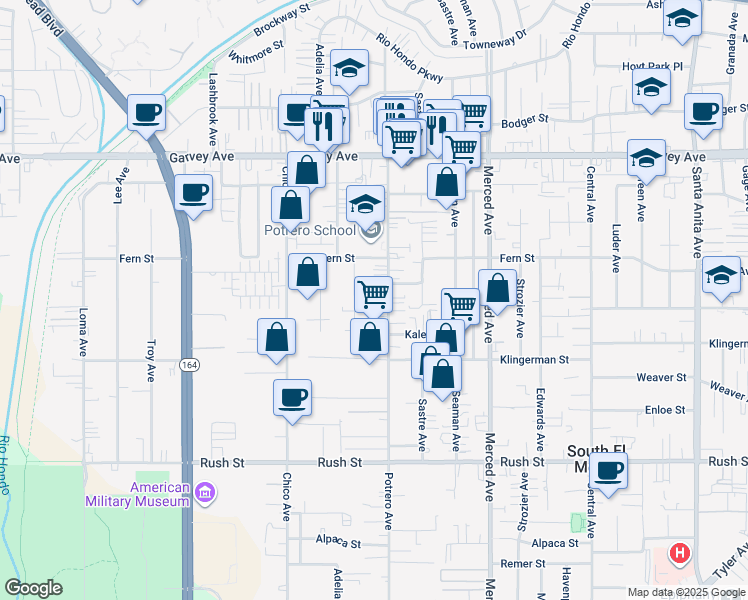 map of restaurants, bars, coffee shops, grocery stores, and more near 2503 Potrero Avenue in El Monte