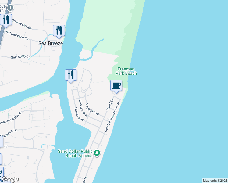 map of restaurants, bars, coffee shops, grocery stores, and more near 1801 Canal Drive in Carolina Beach