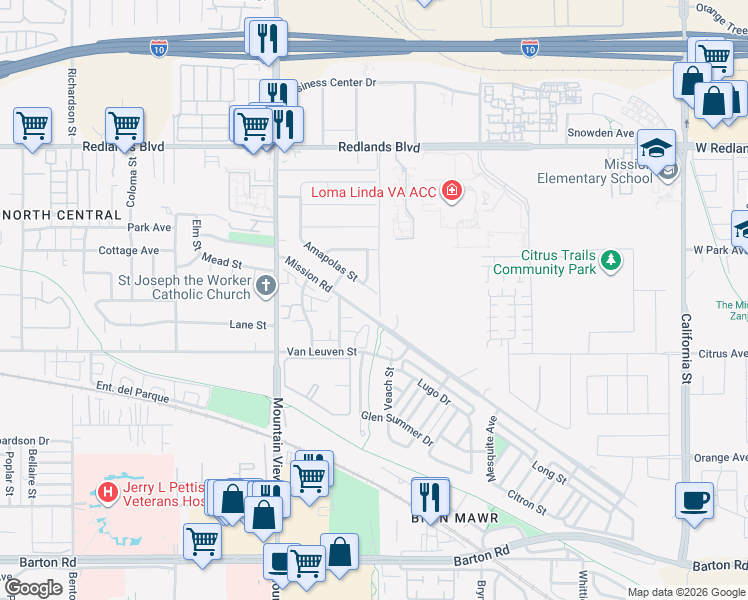 map of restaurants, bars, coffee shops, grocery stores, and more near 25899 Amapolas Street in Loma Linda