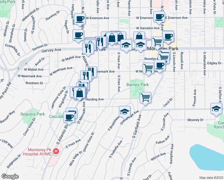 map of restaurants, bars, coffee shops, grocery stores, and more near 414 South Moore Avenue in Monterey Park