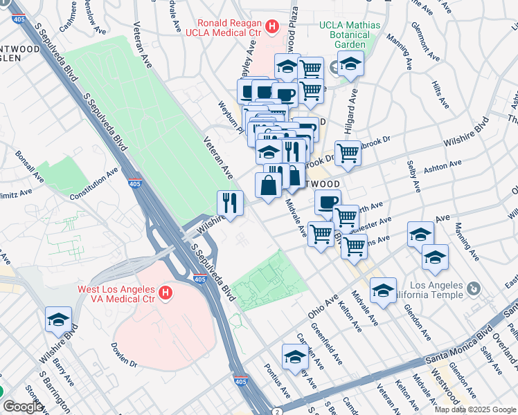 map of restaurants, bars, coffee shops, grocery stores, and more near 9513 Veteran Avenue in Los Angeles