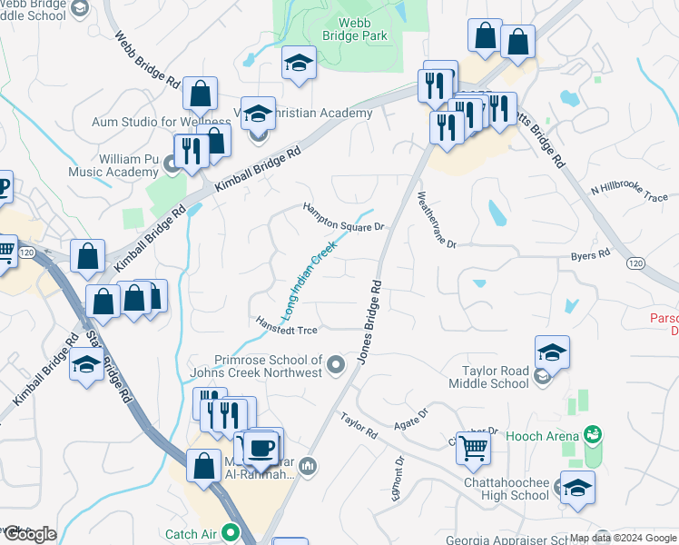 map of restaurants, bars, coffee shops, grocery stores, and more near 215 Jones Bridge Place Circle in Alpharetta