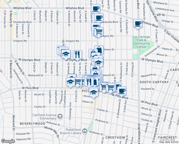 map of restaurants, bars, coffee shops, grocery stores, and more near 466a South Clark Drive in Beverly Hills