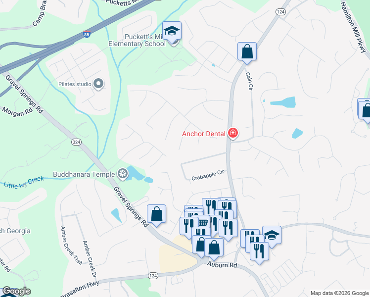 map of restaurants, bars, coffee shops, grocery stores, and more near 2807 Ashton Tree Place in Dacula
