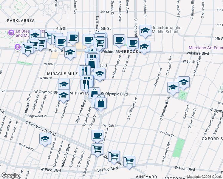 map of restaurants, bars, coffee shops, grocery stores, and more near 942 South Mansfield Avenue in Los Angeles