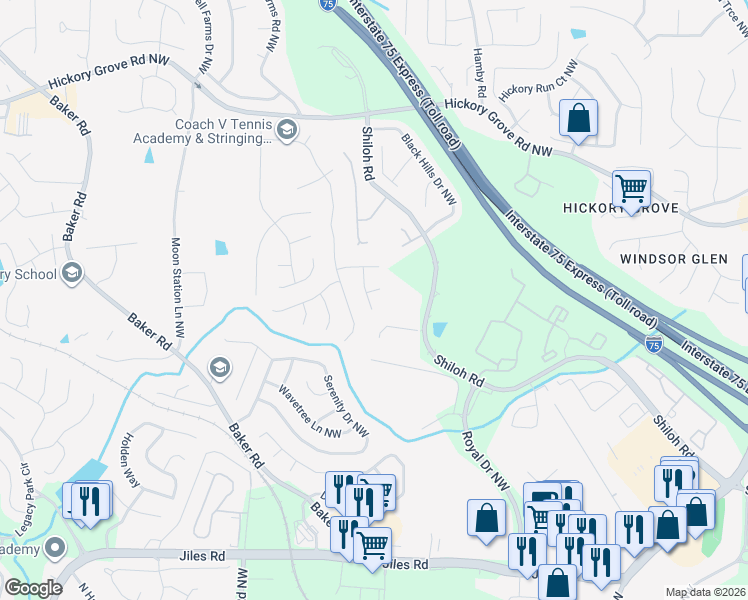 map of restaurants, bars, coffee shops, grocery stores, and more near 4010 Maple Ridge Lane Northwest in Acworth