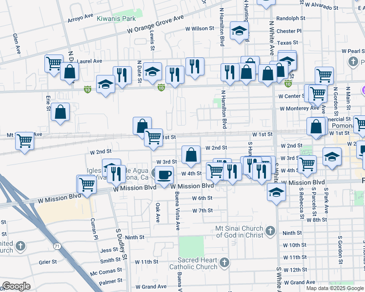 map of restaurants, bars, coffee shops, grocery stores, and more near 1237 West 2nd Street in Pomona