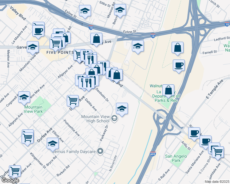 map of restaurants, bars, coffee shops, grocery stores, and more near 3050 Parkway Circle in El Monte