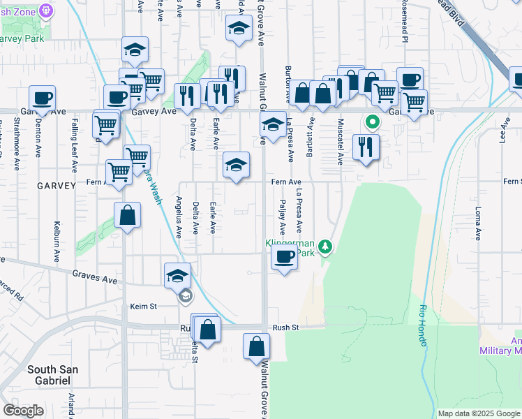 map of restaurants, bars, coffee shops, grocery stores, and more near 2509 Walnut Grove Avenue in Rosemead