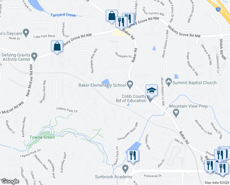 map of restaurants, bars, coffee shops, grocery stores, and more near 4300 Clairesbrook Lane in Acworth