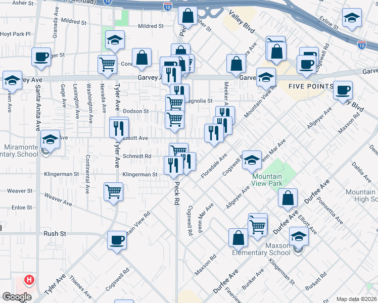 map of restaurants, bars, coffee shops, grocery stores, and more near Schmidt Road in South El Monte