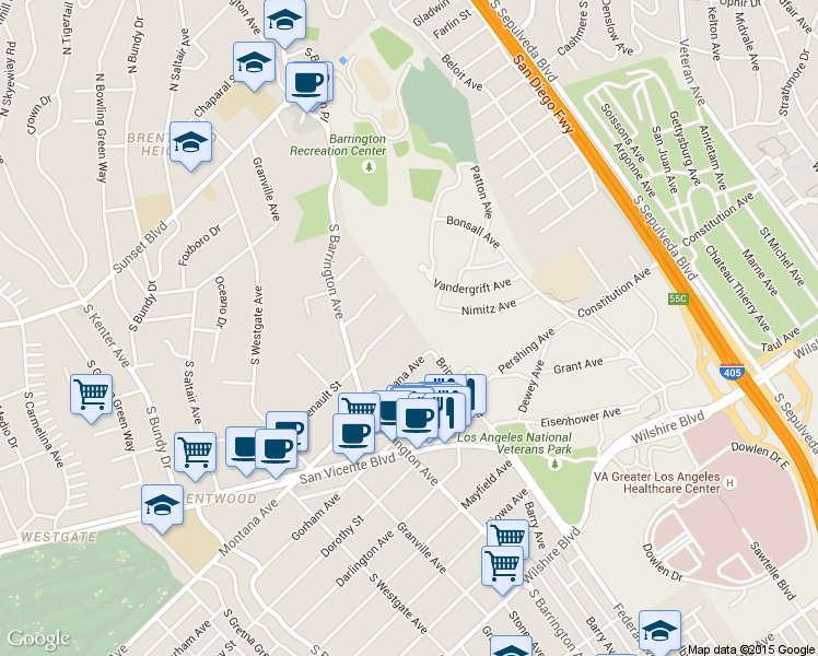 map of restaurants, bars, coffee shops, grocery stores, and more near 11616 Chenault Street in Los Angeles