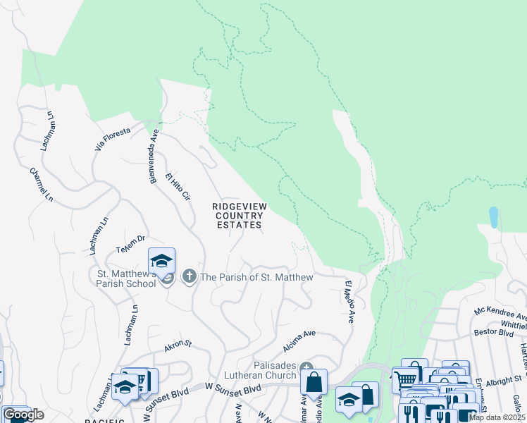 map of restaurants, bars, coffee shops, grocery stores, and more near 1445 Vía Cresta in Los Angeles