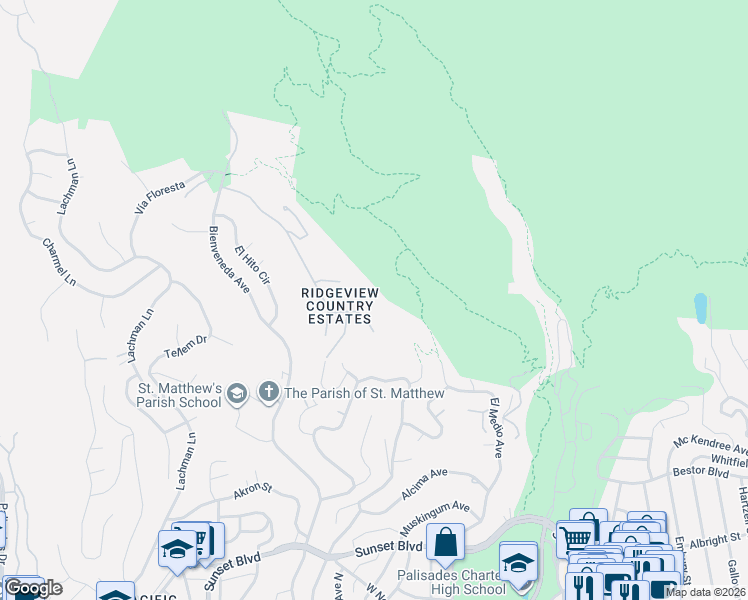 map of restaurants, bars, coffee shops, grocery stores, and more near 1459 Vía Cresta in Los Angeles