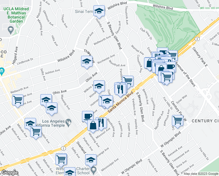 map of restaurants, bars, coffee shops, grocery stores, and more near 1626 Thayer Avenue in Los Angeles