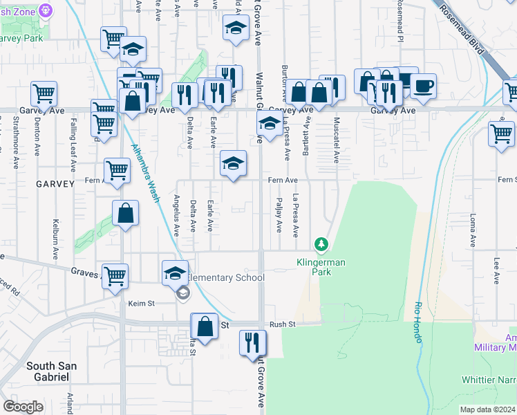 map of restaurants, bars, coffee shops, grocery stores, and more near 2511 Walnut Grove Avenue in Rosemead