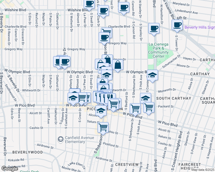 map of restaurants, bars, coffee shops, grocery stores, and more near 1054 South Robertson Boulevard in Los Angeles